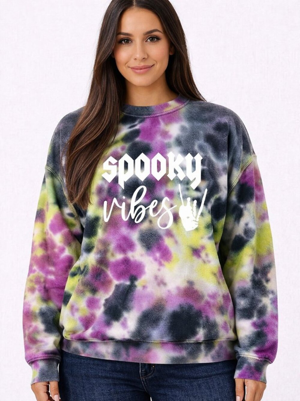 Spooky Vibes Tie-Dye Multi Crew Neck Sweatshirt Comfy Gift Fall Halloween Winter